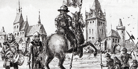 Hussiten vor dem Stadttor Bernaus, Zeichnung, schwarz weiß 
