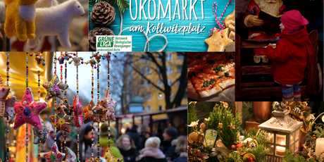 Adventsökomarkt Collage mit Weihnachtsmann und Marktimpressionen