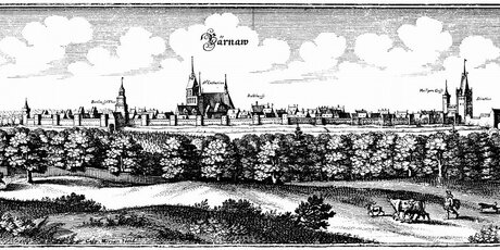 Kupferstich mit Stadtansicht Bernaus aus dem 17. Jahrhundert von Matthäus Merian in schwarz weiß