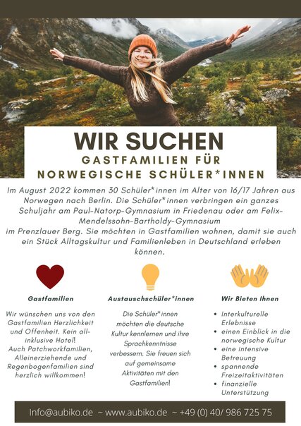 Flyer Oslo-Berlin-Projekt. Gastfamilien für norwegische Austauschschüler gesucht.