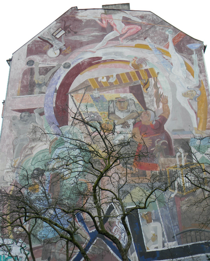Wandbild Standort: Berliner Straße 1, 13187 Berlin, "Pankower Marktleben" (Datierung: 1987), Künstler: Dieter Gantz (1932–2018)