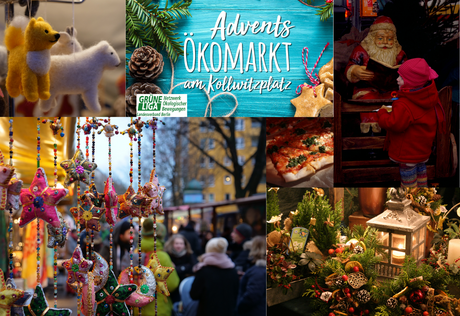 Adventsökomarkt Collage mit Weihnachtsmann und Marktimpressionen