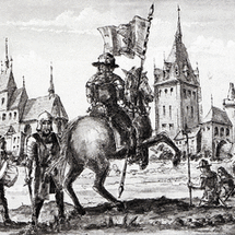 Hussiten vor dem Stadttor Bernaus, Zeichnung, schwarz weiß 