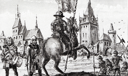 Hussiten vor dem Stadttor Bernaus, Zeichnung, schwarz weiß 